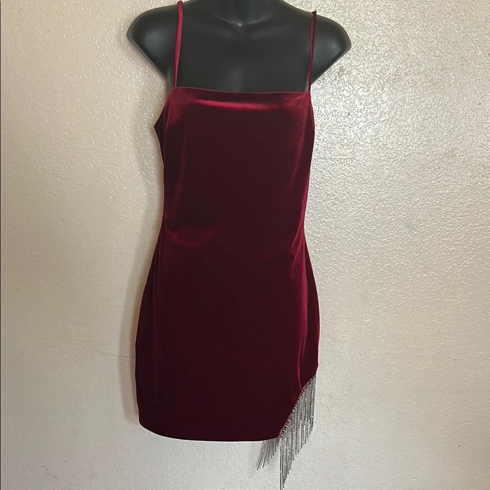 Elegant Red Velvet Dress with Fringe Detail